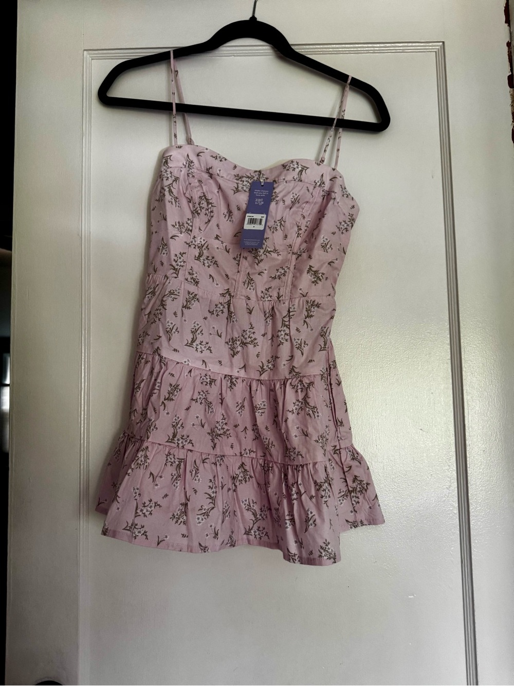Pastel Pink Floral Tiered Mini Dress with Spaghetti Straps